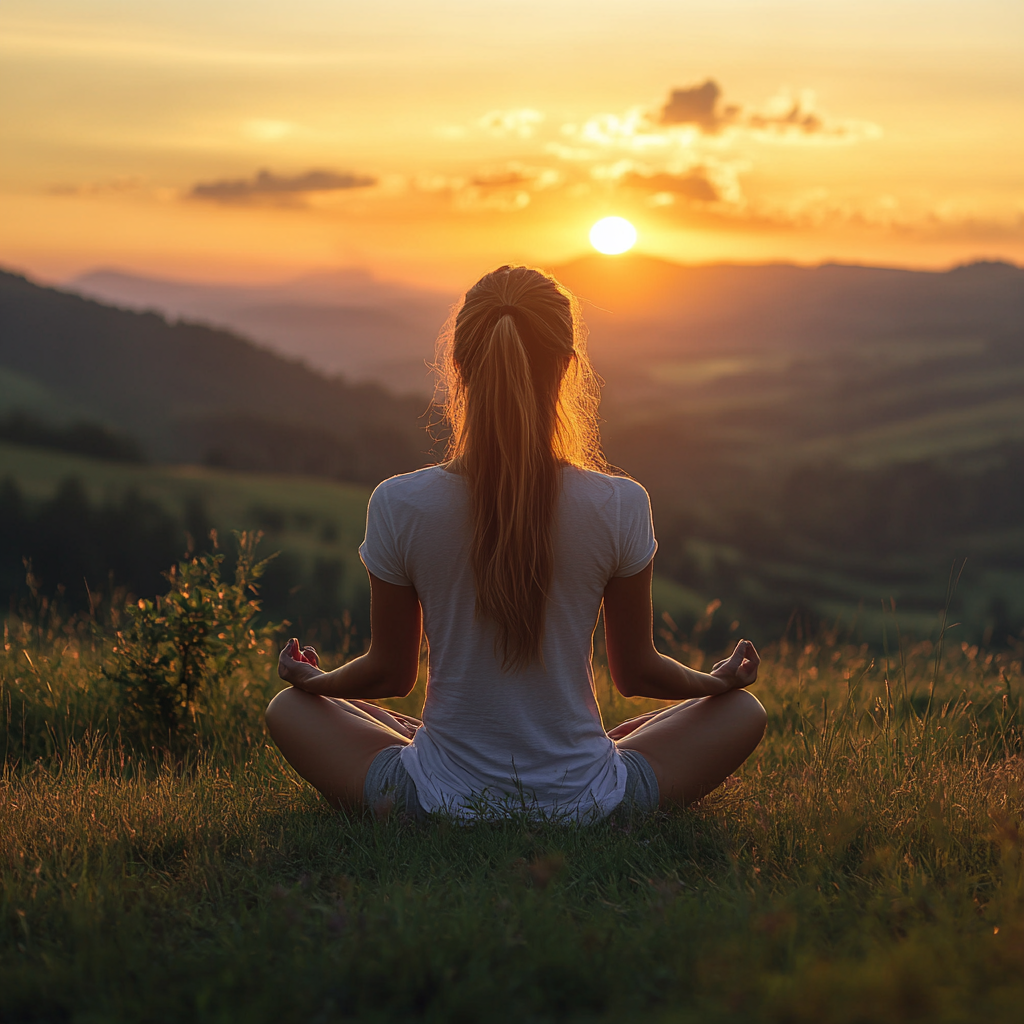 Жінка в позі лотоса на заході сонця