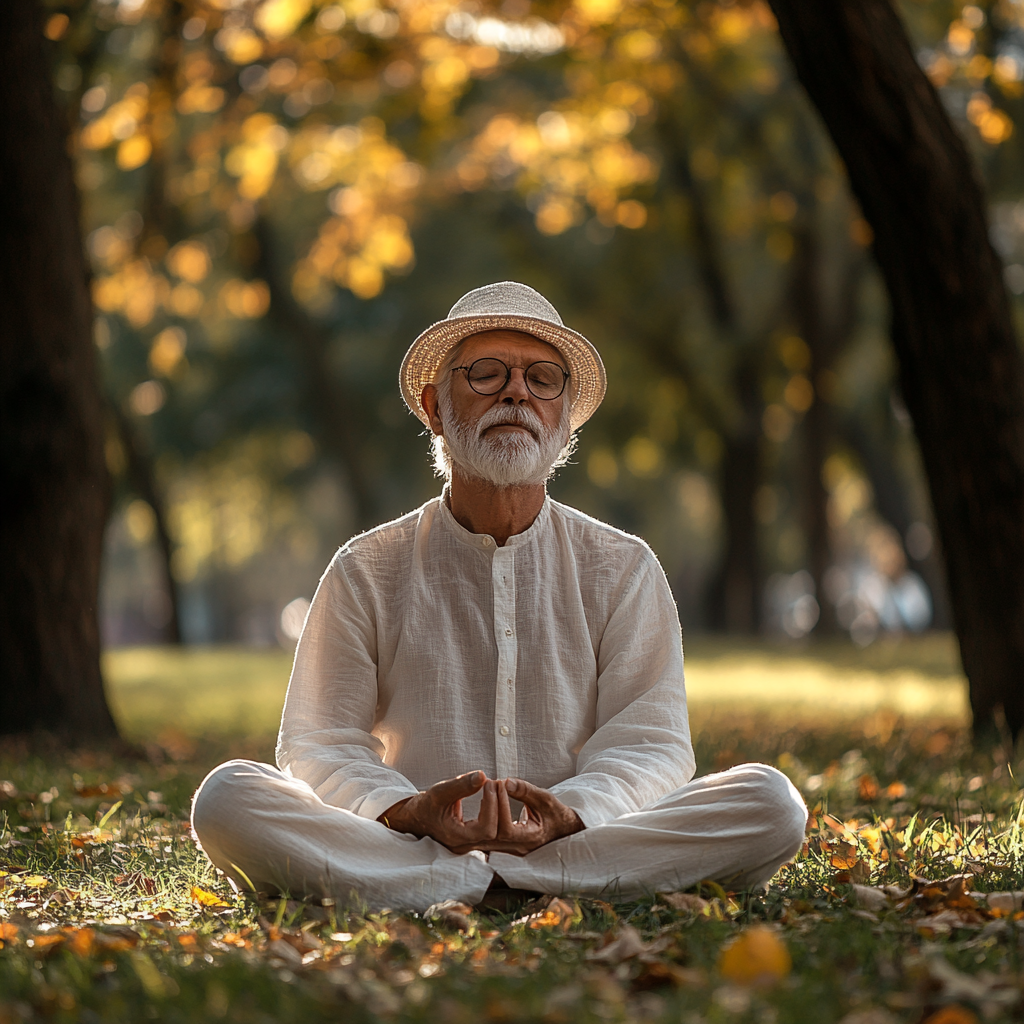 Людина медитує в позі лотоса серед природи