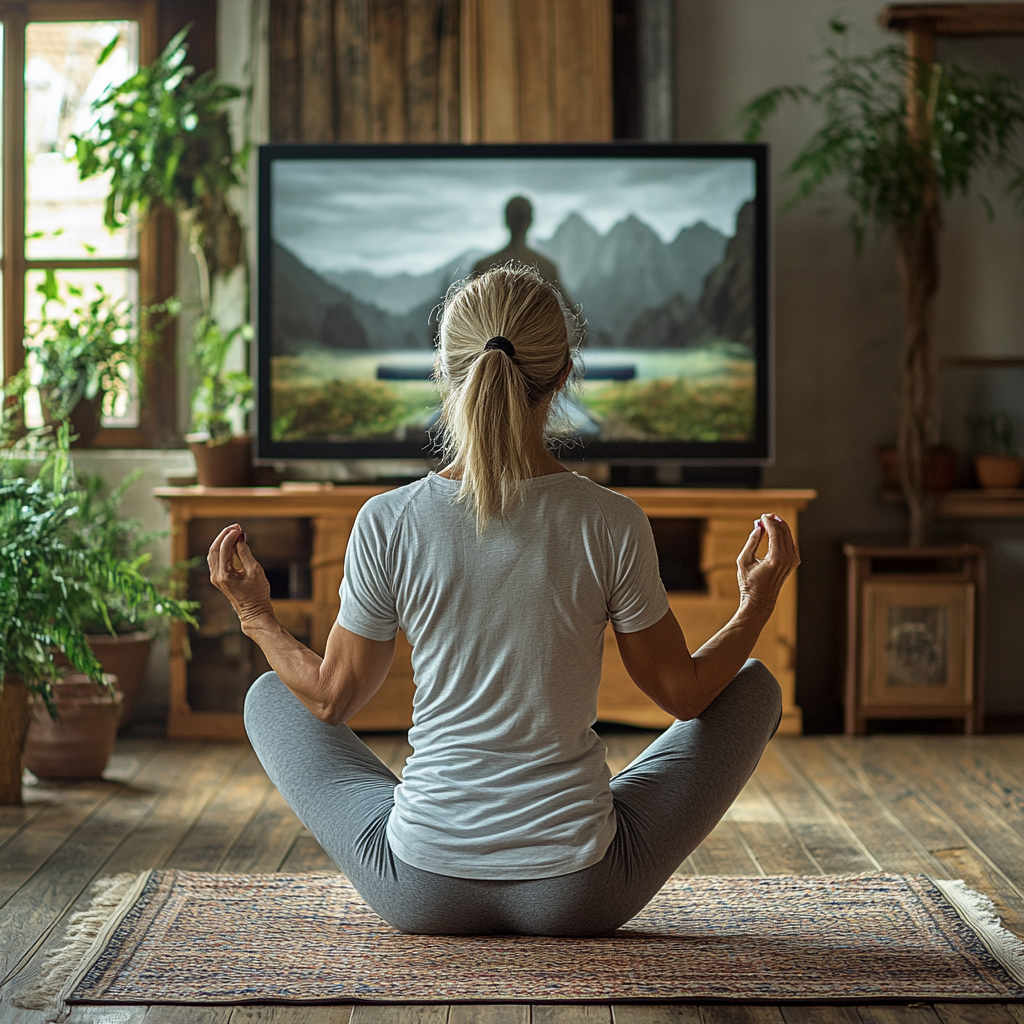 Жінка займається йогою вдома перед ноутбуком